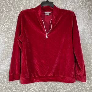 Blair Women's Retro Style Red Velour Quarter Zip Pullover Sweater - Size Medium